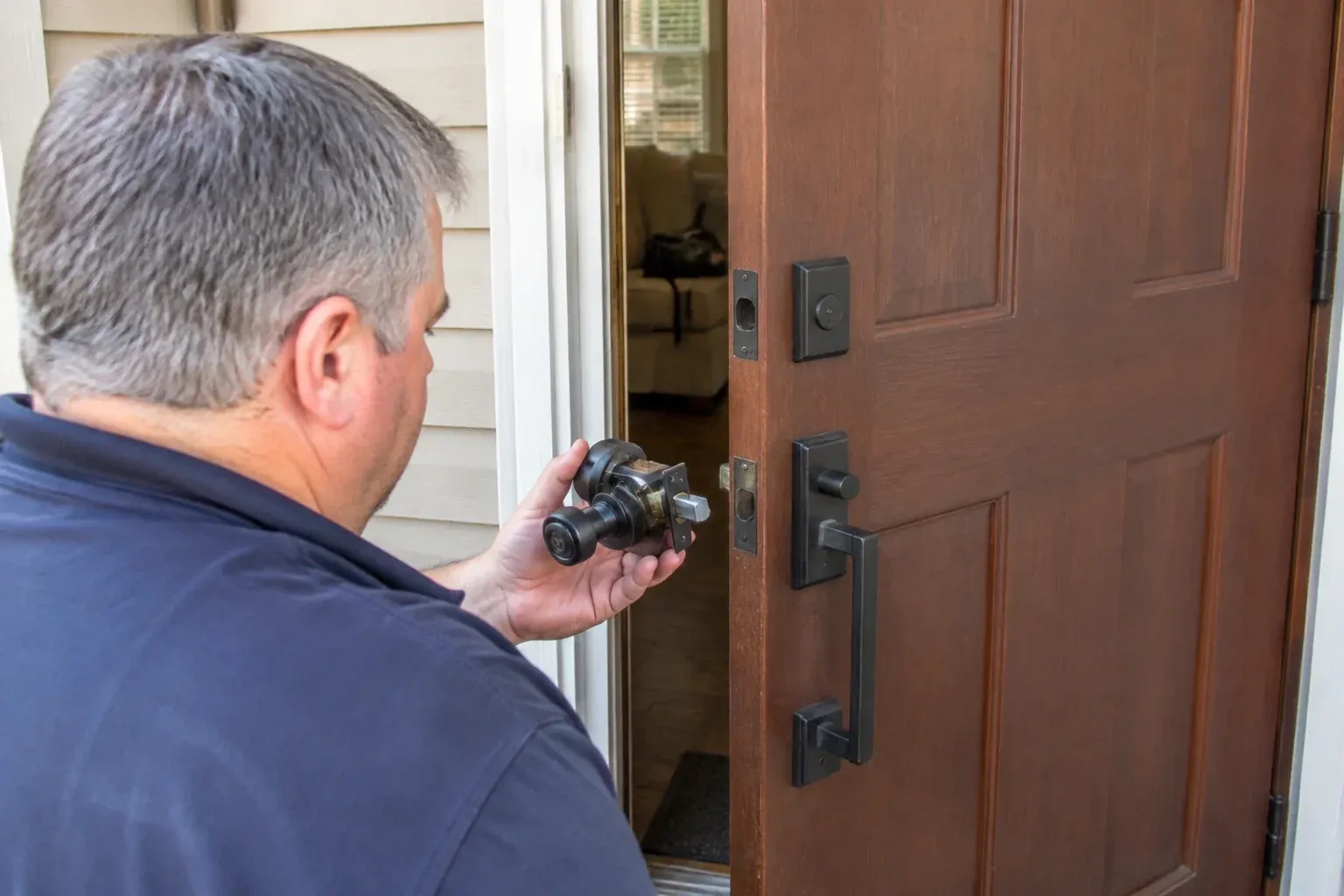 Person holding a removed black lock assembly beside a partly open brown front door with a long black pull handle. — Home Lockout Service, Toronto