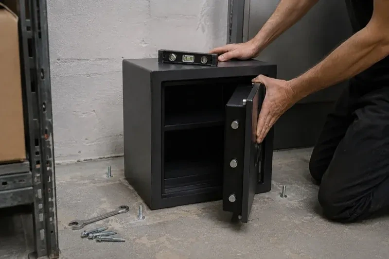 Person kneeling beside an open black safe with a spirit level on top and loose bolts and a wrench on the concrete floor. — Safe Installation & Servicing, Toronto