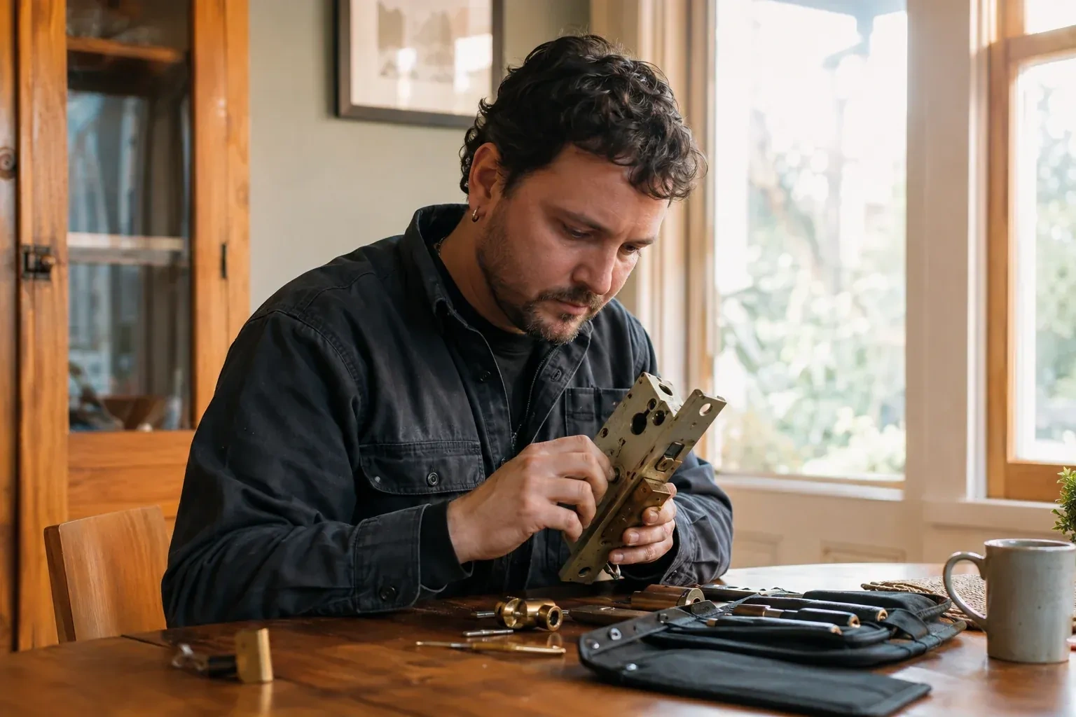 Person seated at a wooden table examining a brass mortise lock body, with a tool roll, small lock parts and a mug. — The Junction