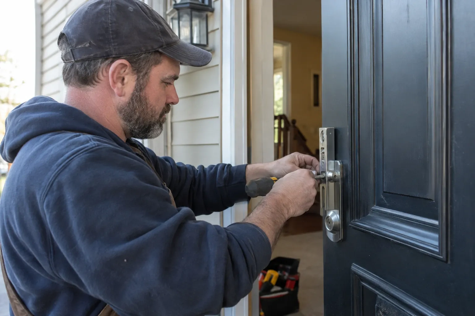 Technician in a cap working a screwdriver at a steel lock plate on a navy door, with an open tool bag behind.