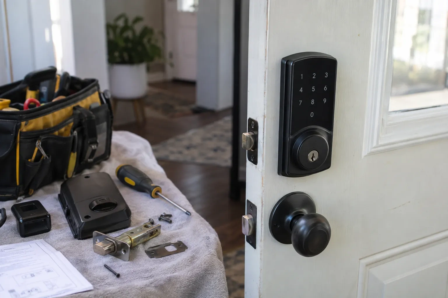 White door with a black keypad deadbolt and knob, beside a towel holding a lock body, latch, screwdriver and a tool bag.